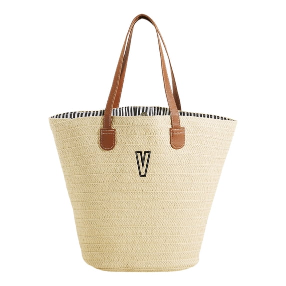 Personalization Mall Initial Straw Beach Bag, V