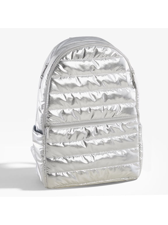 Metallic Silver Puffer Backpack