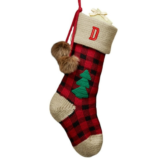 Personalization Mall Plaid Embroidered Initial Jumbo Knit Christmas Stocking