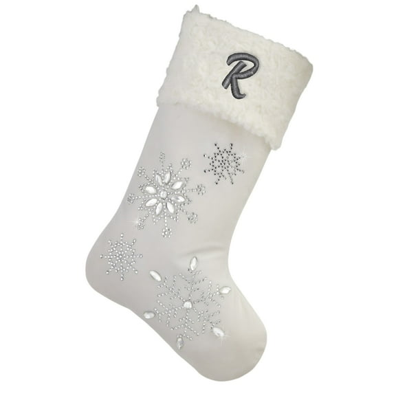 Personalization Mall Season's Sparkle Embroidered Initial Ivory Stockings