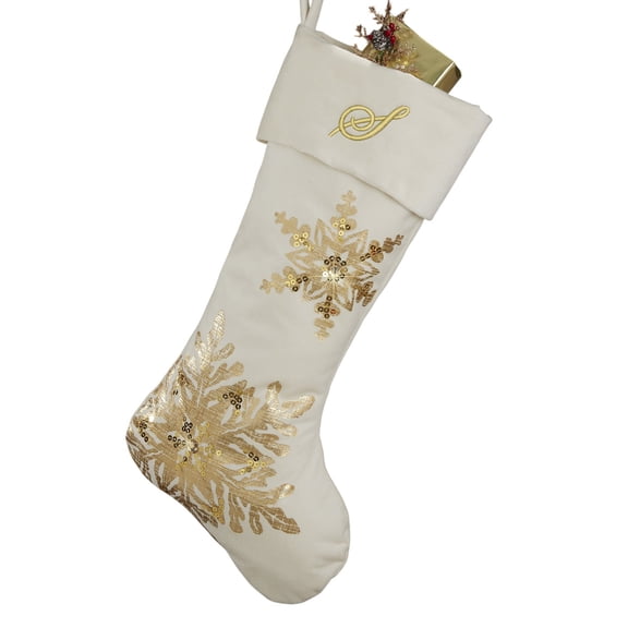 Personalization Mall Snowflake Embroidered Initial Ivory Christmas Stockings