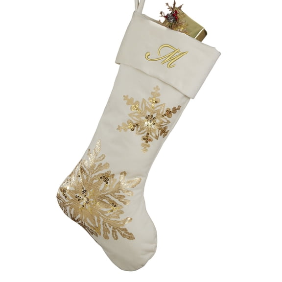 Personalization Mall Snowflake Embroidered Initial Ivory Christmas Stockings