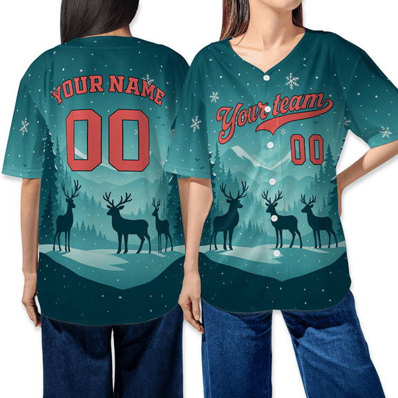 Personalizd Festive Santa Winter Baseball Jersey Shirt - Custom Snowy Landscape With Reindeer Holiday Baseball Jersey