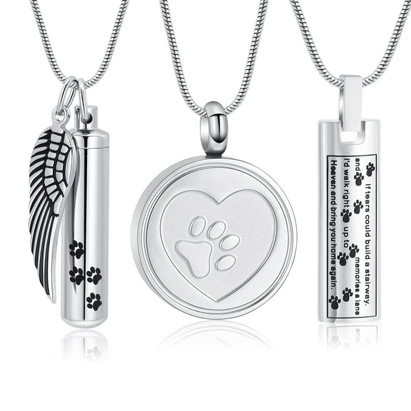 Personalize 3 Pieces Necklace Pack Paw Print Cylinder with Angel Wing Memorial Lockets Prayer Print Square Cremation Jewelry for Pet Ashes