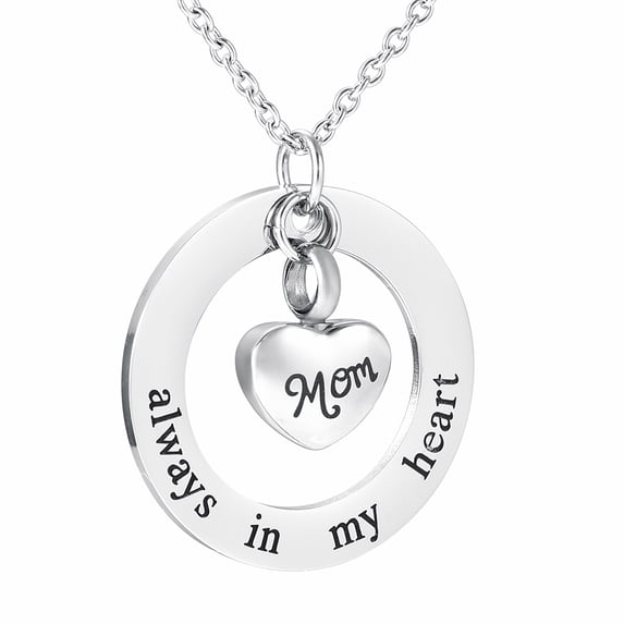 Personalize Always in My Heart Mom - Stainless Steel Circle of Life Heart Cremation Urn Pendant Memory Necklace for Cremation Ashes of Loved One Keepsake Memorial Jewelry