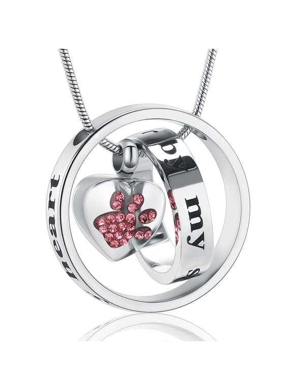 Personalize Circle of Life Crystal Setting Paw Print Heart Urn Pendant Pet Memorial Necklace for Dog Cat Cremation Ashes Keepsake Jewelry