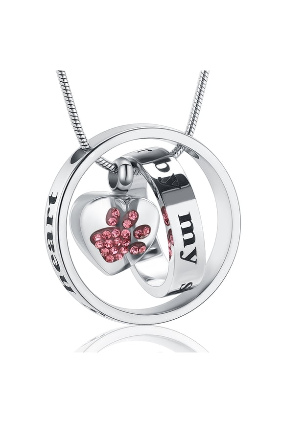 Personalize Circle of Life Crystal Setting Paw Print Heart Urn Pendant Pet Memorial Necklace for Dog Cat Cremation Ashes Keepsake Jewelry