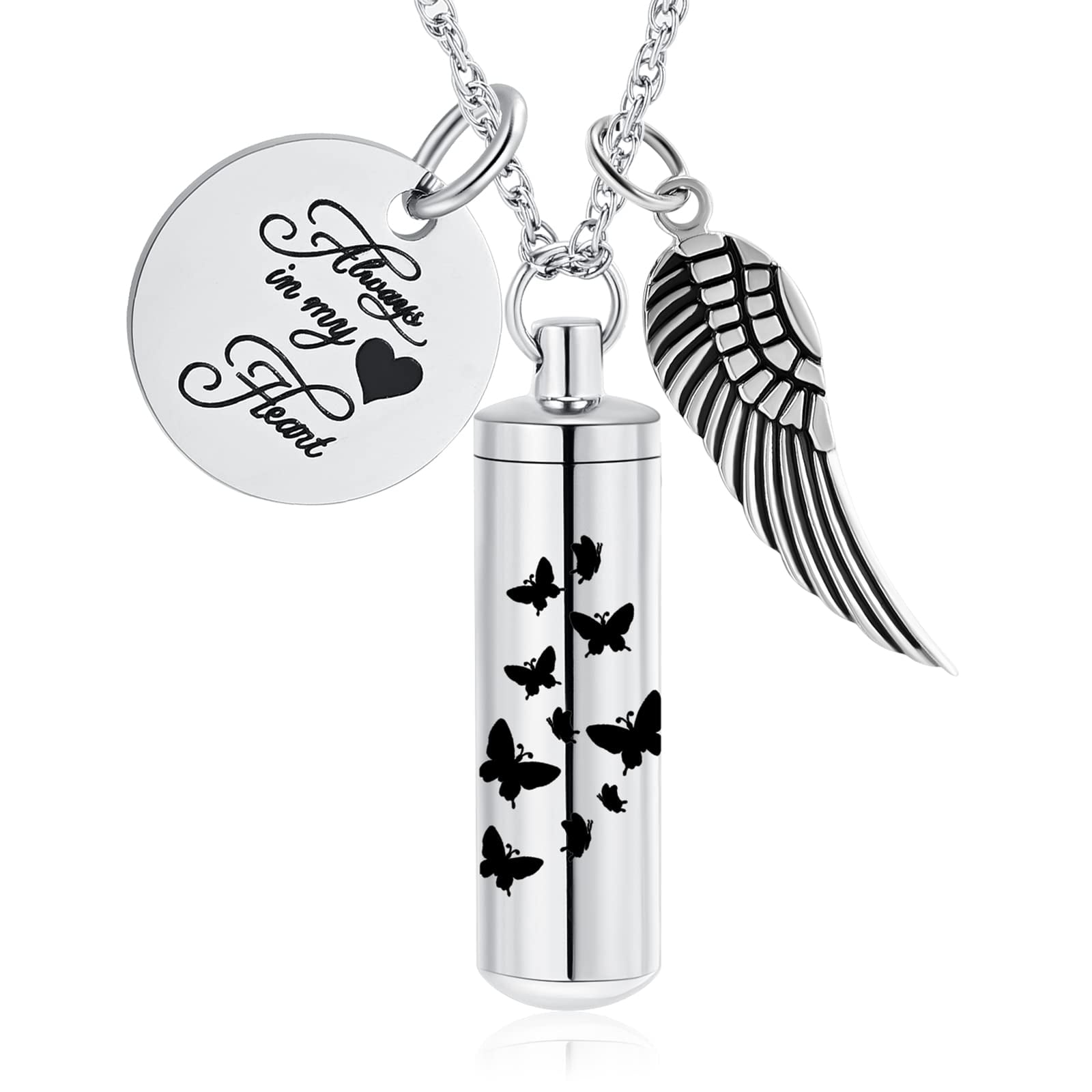 Personalize Cylinder Urn Ashes Necklace for Women Men Butterfly Cremation Jewelry Ash Loved One Memorial Angel Wing Pendant