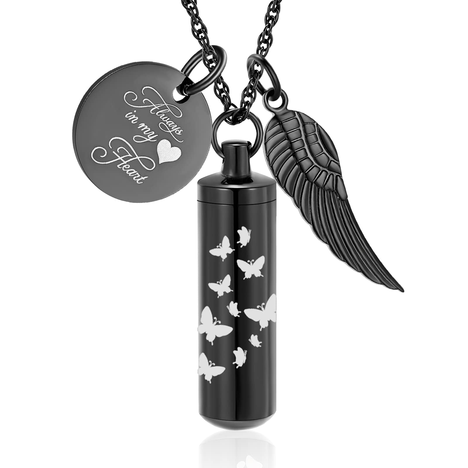 Personalize Cylinder Urn Ashes Necklace for Women Men Butterfly Cremation Jewelry Ash Loved One Memorial Angel Wing Pendant