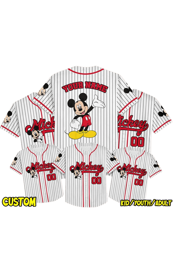 Personalize Disney Mickey Mouse Cute Striped White, Custom Disneyland Jersey, Baseball Team, Mickey Mouse Birthday, Gift for Disney Fans