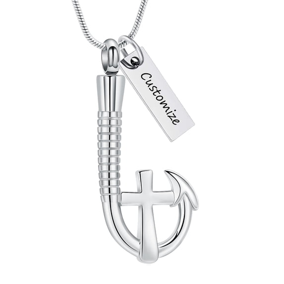 Personalize Fish Hook Urn Pendant Necklace for Cremation Ashes Keepsake Prayer Cross Memorial Jewelry