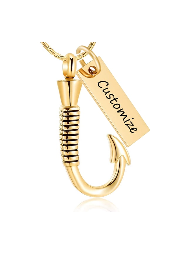 Personalize Fishing Hook Urn Necklace for Ashes Cremation Jewelry for Ashes Urn Memorial Necklace Fish Hook Design Stainless Steel Pendant Keepsake Ashes Holder for Men