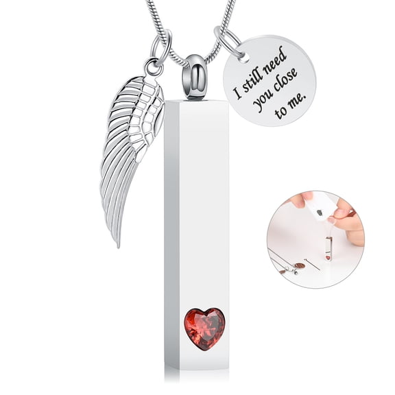 Personalize I Still Need You Close to Me - Crystal Heart Stainless Steel Angel Wing Long Bar Urn Pendant Memorial Jewelry Necklace for Cremation Ashes Keepsake