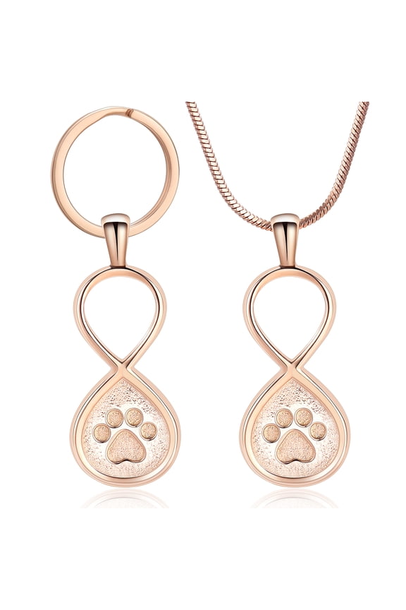 (Keycain + Necklace 2 Pack) Stainless Steel Infinity Cremation Urn Pendent Keyring for Ashes Holder Paw Print Necklace for Dog Cat Cremation Ashes Keepsake Pet Memorial Jewelry
