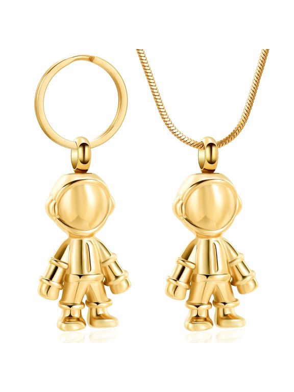 Personalize (Necklace+Keyring) Stainless Steel Astronaut Locket Keychain Cremation Urn Pendant Memory Necklace for Cremation Ashes Keyring Memorial Jewelry