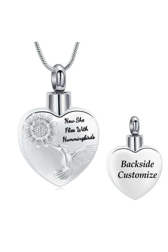 Personalize Now She Flies With Hummingbird - Sunflower and Hummingbird Cameo Love Heart Urn Pendant for Ashes Necklace for Cremation Ashes Holder Memorial Jewelry