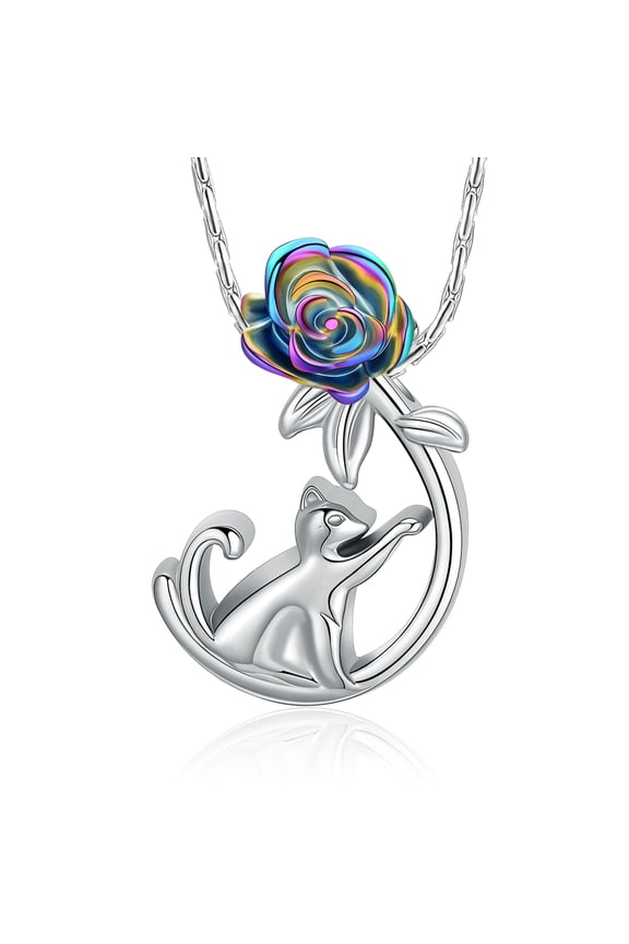 Personalize Rose Flower Little Cat Urn Pendant with Chain Cremation Jewelry for Ashes Holder Pet Memory Necklace