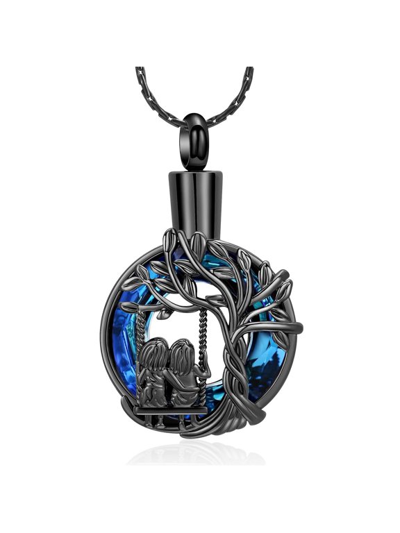 Personalize Sisters on Swing Tree of Life Circle Cremation Urn Pendant Cremation Jewelry for Ashes Keepsake Memory Necklace Human Pet Memorial Jewelry
