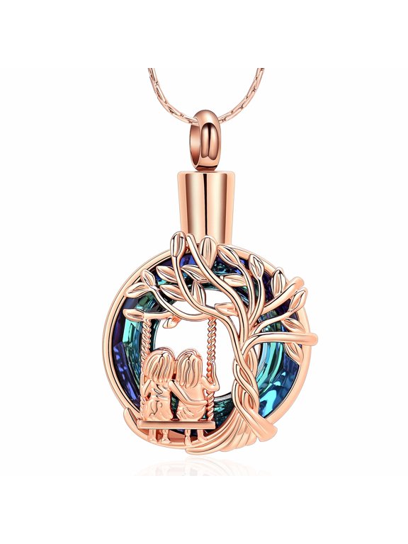 Personalize Sisters on Swing Tree of Life Circle Cremation Urn Pendant Cremation Jewelry for Ashes Keepsake Memory Necklace Human Pet Memorial Jewelry