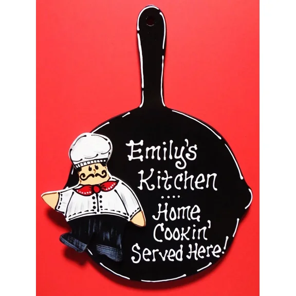 Personalize Skillet Fat Chef Kitchen Name Sign Wall Hanger Bistro Cucina Plaque