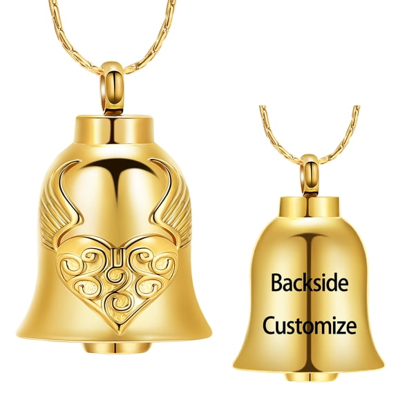 Personalize Stainless Steel Angel Wing Heart Print Bell Cremation Urn Pendant Memory Necklace for Cremation Ashes Keepsake Memorial Jewelry