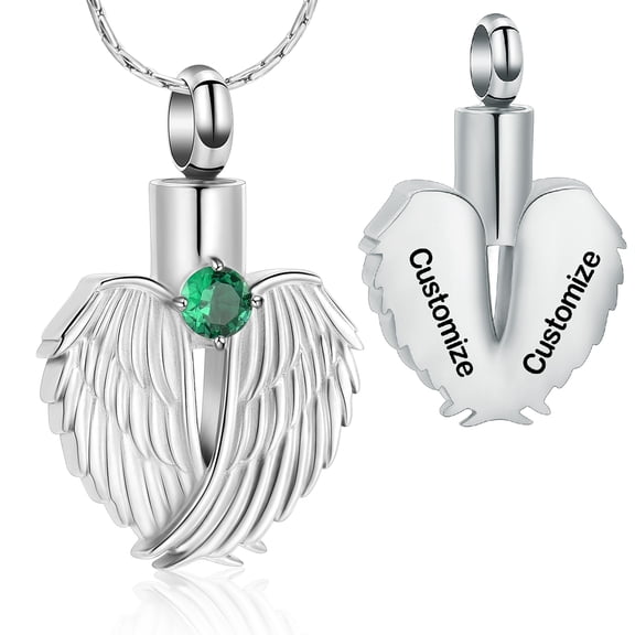 Personalize Stainless Steel Angel Wing Heart with Birthstone Urn Pendant Memory Necklace for Cremation Ashes Holder Memorial Jewelry