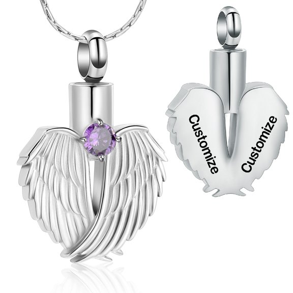 Personalize Stainless Steel Angel Wing Heart with Birthstone Urn Pendant Memory Necklace for Cremation Ashes Holder Memorial Jewelry