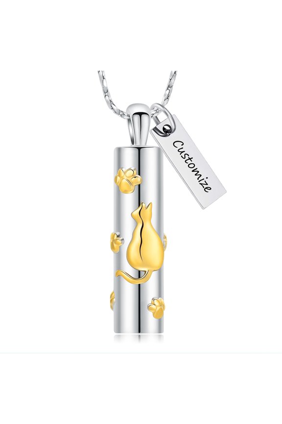 Personalize Stainless Steel Cat Print Cylinder Urn Pendant Pet Memorial Cremation Jewelry for Ashes Keepskae Memory Necklace