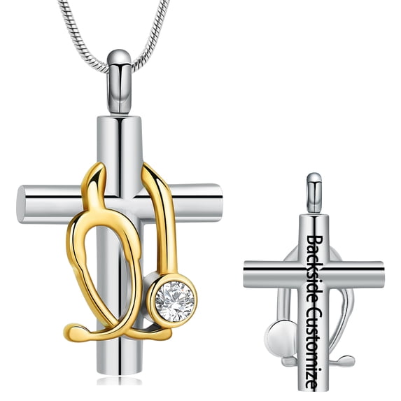 Personalize Stainless Steel Cross Stethoscope Urn Pendant Memory Necklace for Cremation Ashes Memorial Jewelry