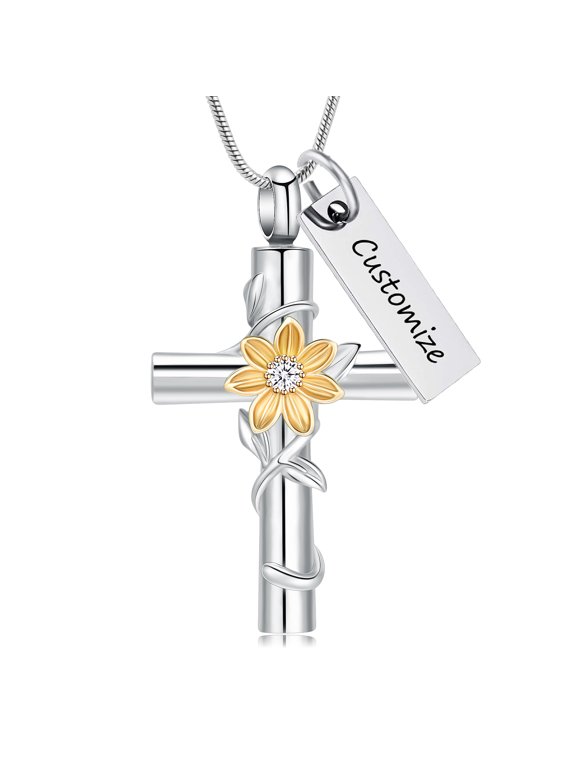 Personalize Stainless Steel Cross Urn Pendant Sunflower Necklace for Cremation Ashes Urn Necklace Lockets for Ashes