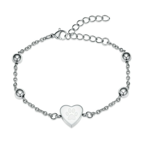 Personalize Stainless Steel Paw Print Heart Charm Urn Pendant Chain Link Bracelet for Cremation Ashes Holder Memorial Jewelry