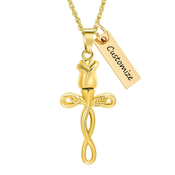Personalize Stainless Steel Rose Flower Cross Cremation Urn Pendant Memory Necklace for Cremation Ashes Keepsake Memorial Jewelry