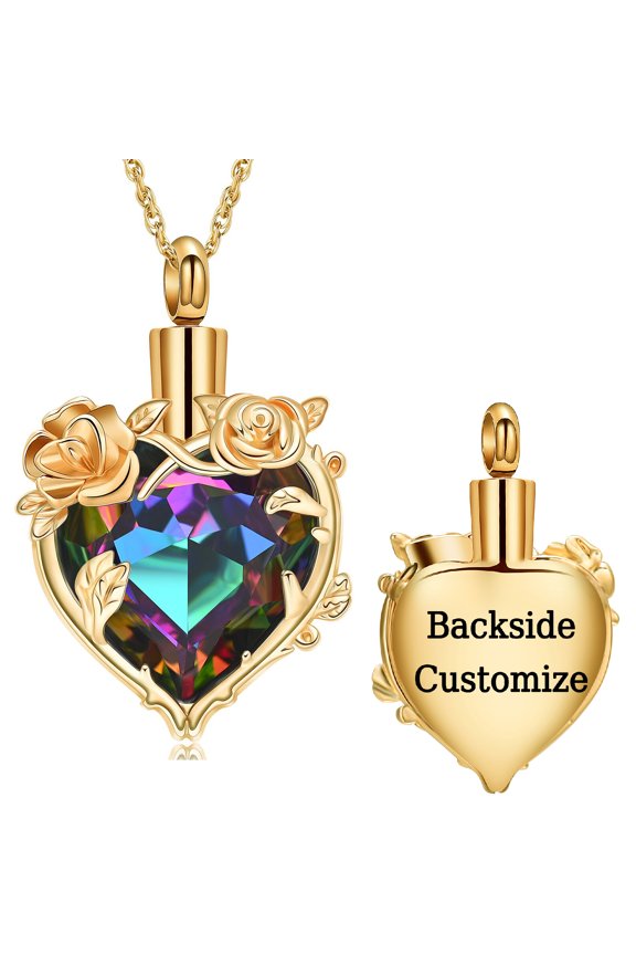 Personalize Stainless Steel Rose Flowers Crystal Heart Urn Pendant Memory Necklace for Cremation Ashes Keepsake Memorial Jewelry