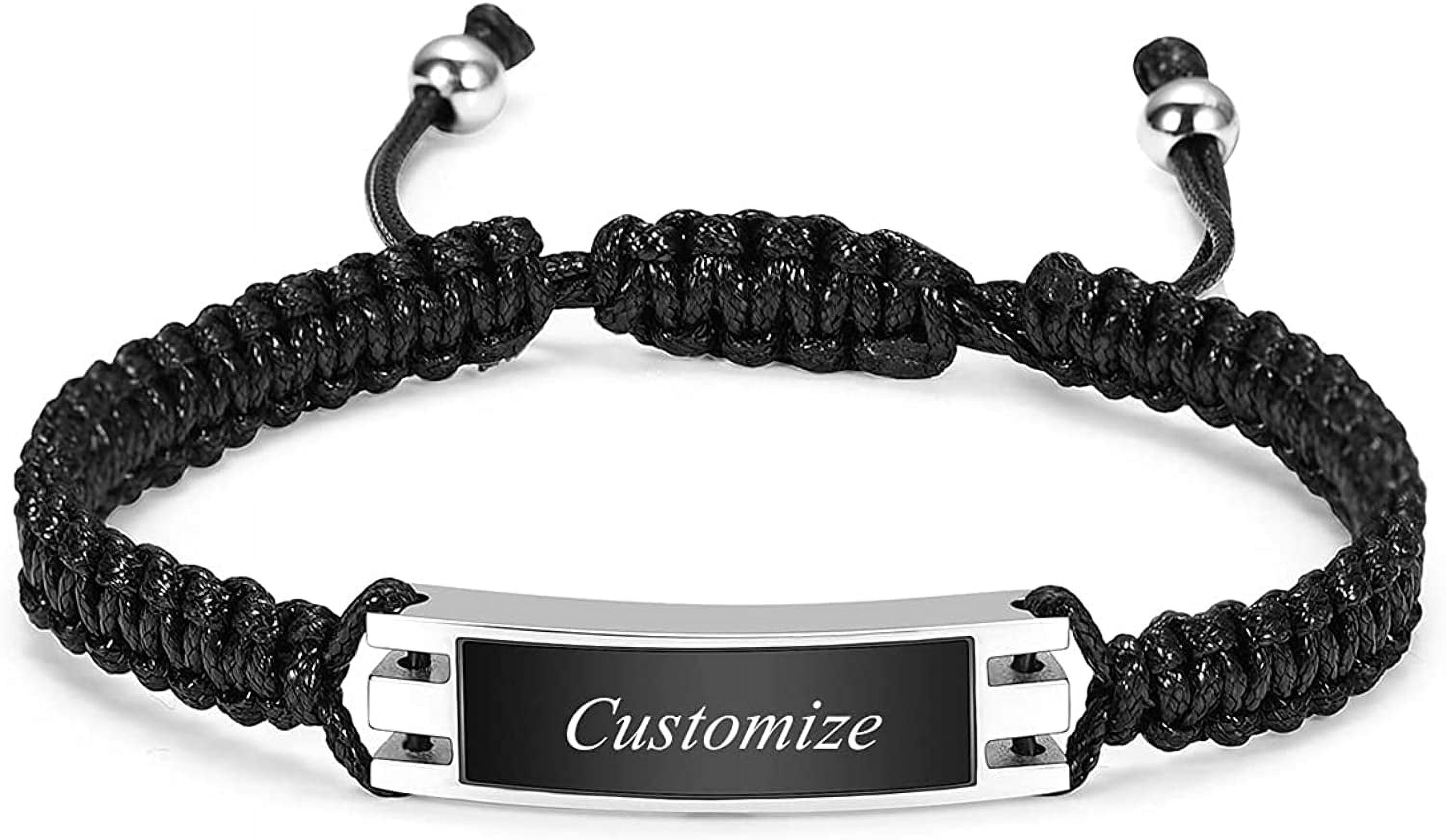 Ashed Rope Personalize Stainless Steel Square Tag Charm Adjustable Braided Rope ...