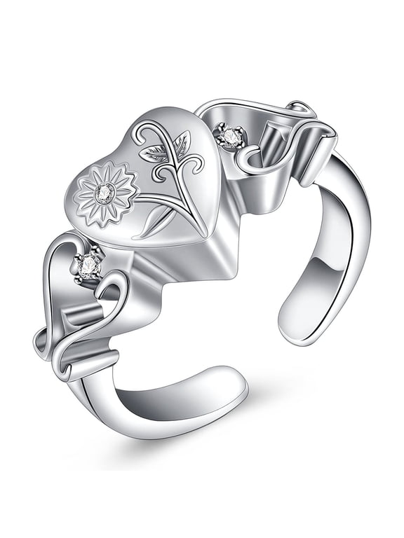 Personalize Stainless Steel Sun Flower Print Heart Urn Pendant Cremation Jewelry for Ashes Keepsake Memorial Jewelry Ring