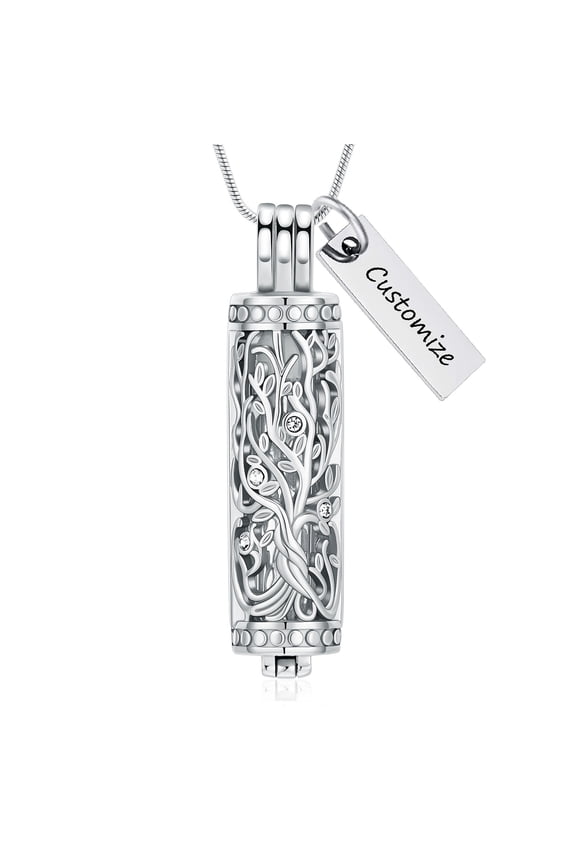 Personalize Stainless Steel Tree of Life Glass Cylinder Urn Pendant Necklace for Cremation Ashes Sand Perfume Fuid Memory Necklace Memorial Jewelry