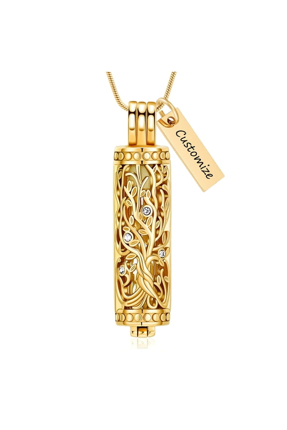 Personalize Stainless Steel Tree of Life Glass Cylinder Urn Pendant Necklace for Cremation Ashes Sand Perfume Fuid Memory Necklace Memorial Jewelry