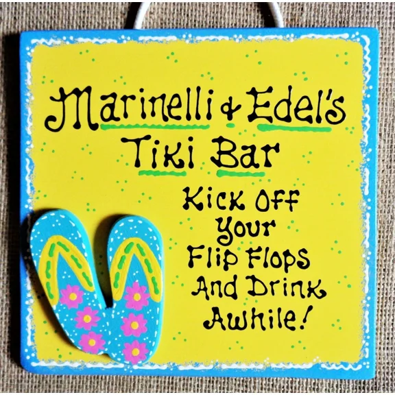 Personalize Tiki Bar Kick Off Flip Flops & Drink Awhile Sign Wall Plaque Deck