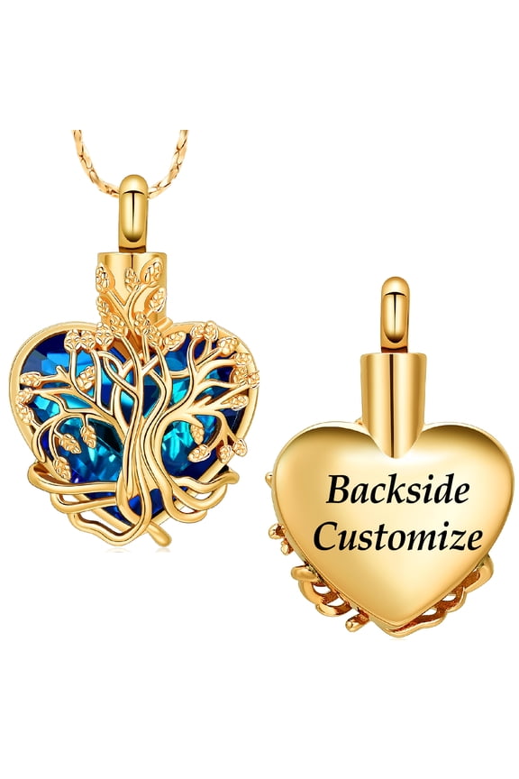 Personalize Tree of Life Blue Crystal Heart Urn Pendant Necklace for Cremation Ashes Urn Necklace Lockets for Ashes Holder Memorial Jewelry