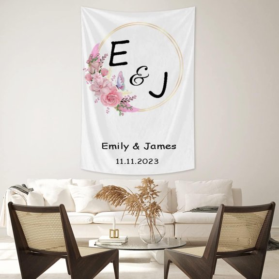 Personalize Wedding Tapestry Couple Initials with Text and Images ized Wall Hanging for Wedding, Minimalist Wedding 40x60 Inch