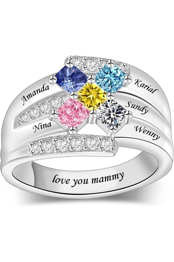 Personalized 1-9 Birthstone Ring 925 Sterling Silver Custom Engraved Name Ring Family Ring Mothers Day Birthday Anniversary Christmas Jewelry Gifts for Women