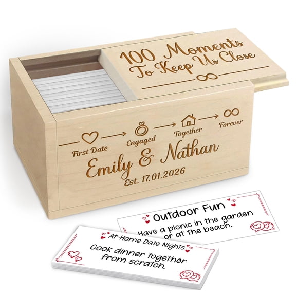 Personalized 100 Moments Wooden Keepsake Box, Custom Names & Date Maple Wood Memory Box with Date Night Idea Cards, Couple Gift