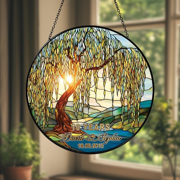 Personalized 10th Wedding Anniversary Suncatcher, 10 Year Willow Tree Stained Glass, Custom Couple Gift for Husband Wife, Anniversary Decor