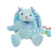 Personalized 11" Blue Stuffed Plush Bunny with Pigtail Ears and Custom Name Embroidery
