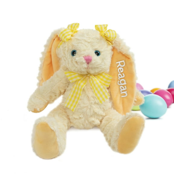 Personalized 11" Yellow Stuffed Plush Bunny with Pigtail Ears and Custom Name Embroidery
