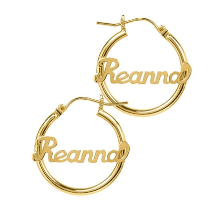 Personalized 14K Gold Over Sterling Silver Tube Hoop Script Name Earrings