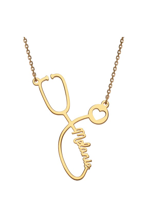 Personalized 14k Gold Plated Script Name Stethoscope with Heart Necklace