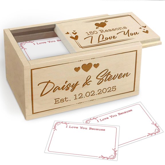 Personalized 150 Reasons I Love You Memory Box with Custom Names And Date – Wooden Keepsake Box for Special Occasions, Anniversaries, Valentine's Day, or Celebrations