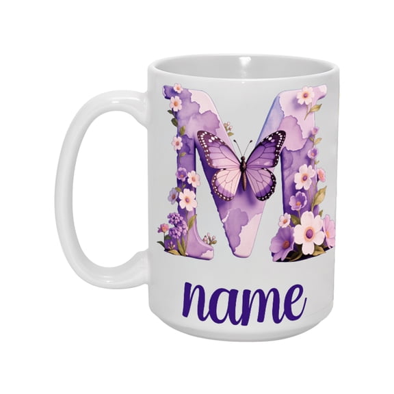 Personalized 15oz Butterfly & Floral Letter 'M' Mug - Custom Name, Best Gift for Her, Coffee Lover Essential