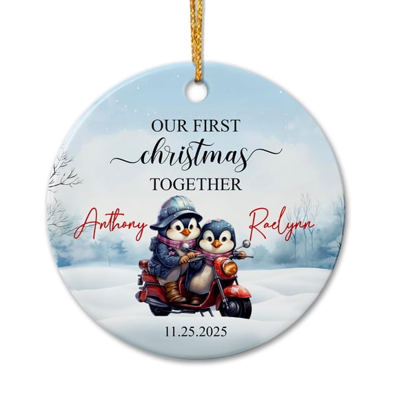 Personalized 1st Xmas Penguin Together Ceramic Ornament, Our First Christmas Together Ornaments Gifts, Custom Date Names Couple Penguin Ceramic Ornament Christmas 2025, First Dating Together Ornament